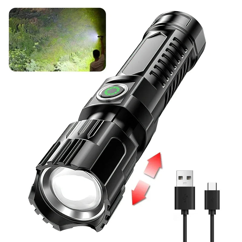 Lanternas led de alta potência, 2000lm, tocha tática com luz de exibição, carregamento usb, acampamento, pesca, emergência, zoom