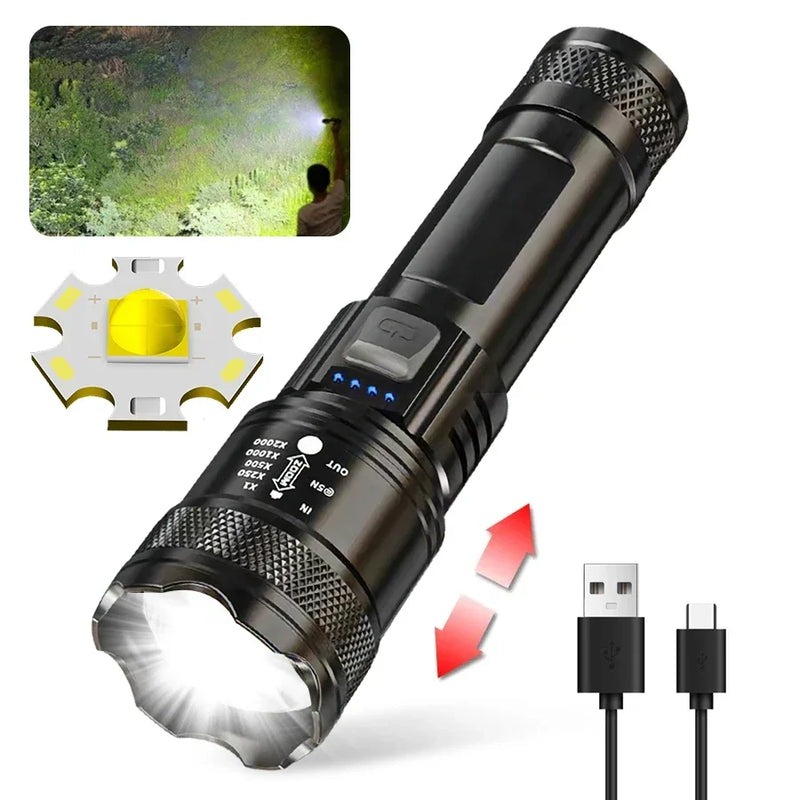 Lanternas led de alta potência, 2000lm, tocha tática com luz de exibição, carregamento usb, acampamento, pesca, emergência, zoom