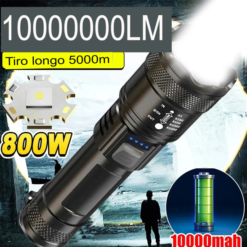 Lanternas led de alta potência, 2000lm, tocha tática com luz de exibição, carregamento usb, acampamento, pesca, emergência, zoom