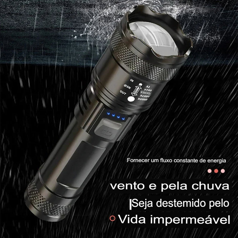 Lanternas led de alta potência, 2000lm, tocha tática com luz de exibição, carregamento usb, acampamento, pesca, emergência, zoom